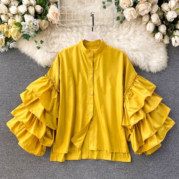 2023 New Autumn Summer Women&#039;s Blouses Fashion Multi-layer Ruffle Flare Sleeve Loose Versatile Temperament Stand Shirt Female
