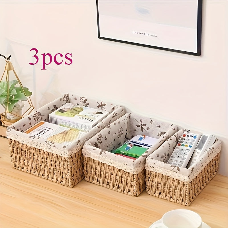 TEMU 3pcs Rattan Storage Basket, Hand-woven Cosmetic Storage Box, Vintage Country Style Grocery Storage Basket, Desktop Storage Box, Shelf Baskets