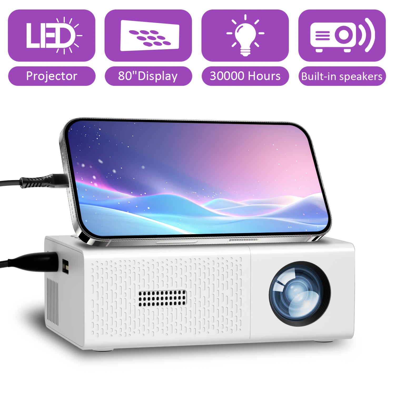 TEMU Projector With Cooling System & 3d-ready - 80" Display, 3000 Hours -in Speaker, Compact Portable Home Theater Projector For Office, Gaming,