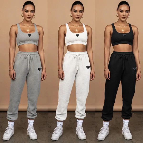 Women Designer Activewear Triangle Active Tracksuits Navel-baring Tank Top Tie-up Trousers Two-piece Sport Fitness Running Suit Jogging Clot