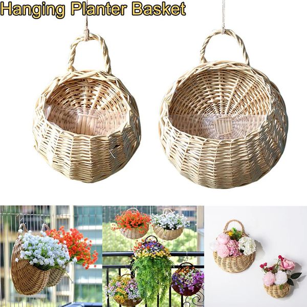 Hanging Planter Basket Handmade Woven Wall Flower Pot Wicker Weaving Rattan Vase Half Round Railing 241216
