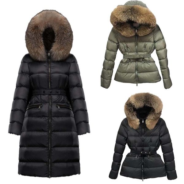 Womens Down Jacket Winter Outdoor Hooded Warmth Long Jackets Coats Real Raccoon Hair Collar Warm Fashion Parkas With Belt Lady cotton Coat O