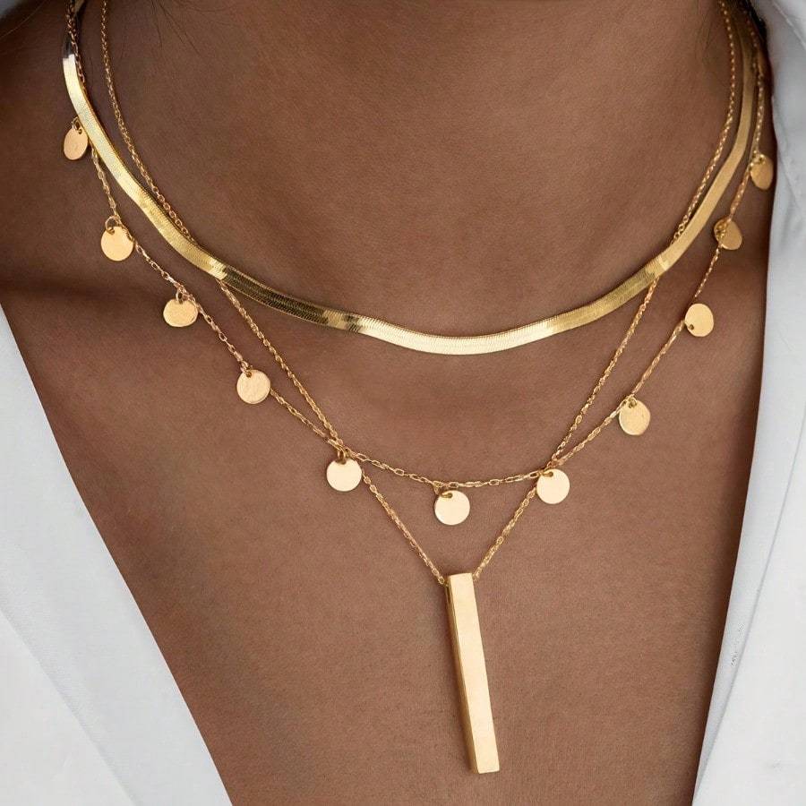 TEMU 3pcs Set Of 18k Golden-plated Layered Necklace, Including Long Hanging Accessories And Circular Pendants - Suitable For , Gifts, And Special