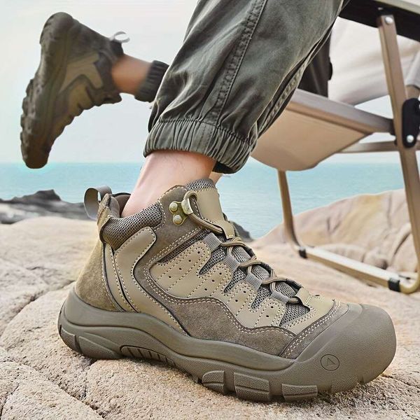pair of EXSHERO A men&#039;s mid length hiking casual outdoor ankle boots, non slip rubber soles, durable handmade round toe walking shoes,