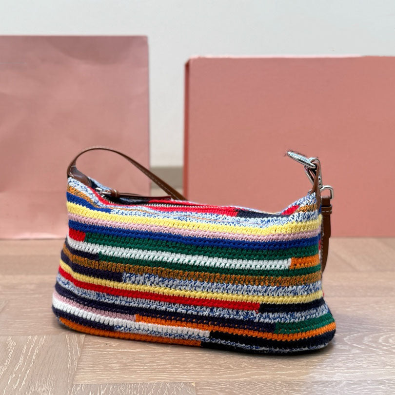 designer shoulder bag Rainbow Woven tote bag crochet knitting weekend bag large handbag summer Travel shopping Hobo Women beach bag Vegetable basket
