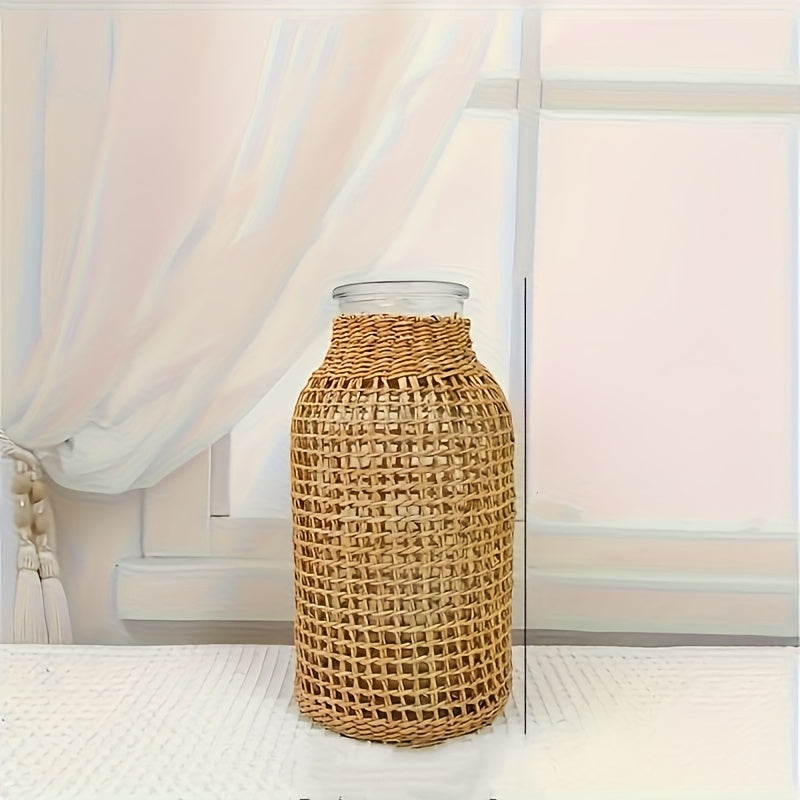TEMU A Bohemian Rattan Glass Vase, Peasant Country Vase, Round Decorative Vase, Flower Container, Suitable For Flower Arrangement, , Opening, Party,