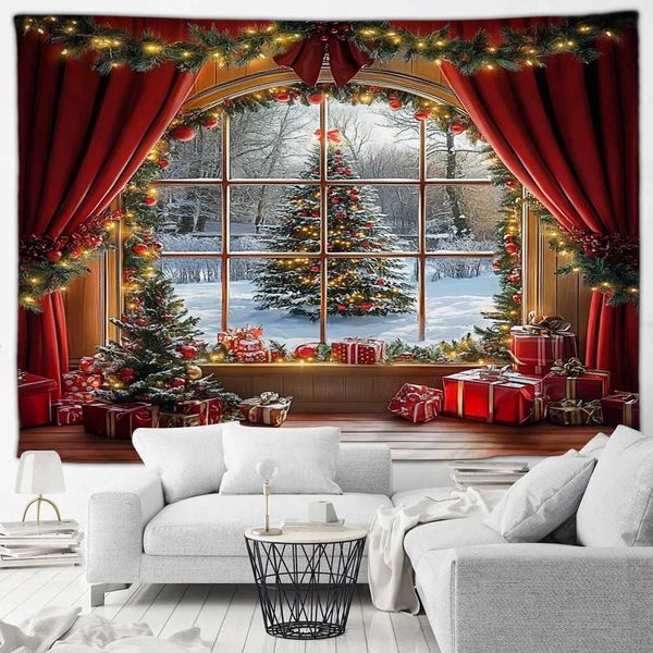 Tapestries Christmas Tapestry Red Curtain Xmas Trees Outside Window Winter Forest Landscape New Year Home Living Room Decor Wall Hanging J24