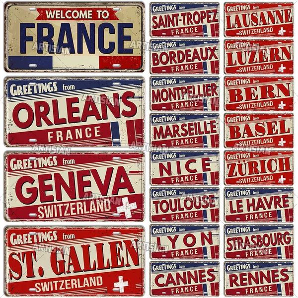 High Quality Artisan France License Plate SWITZERLAND Metal Sign Landmark City State Decorative Plaque Wall Decor Garage Bar Pub Club Hotel