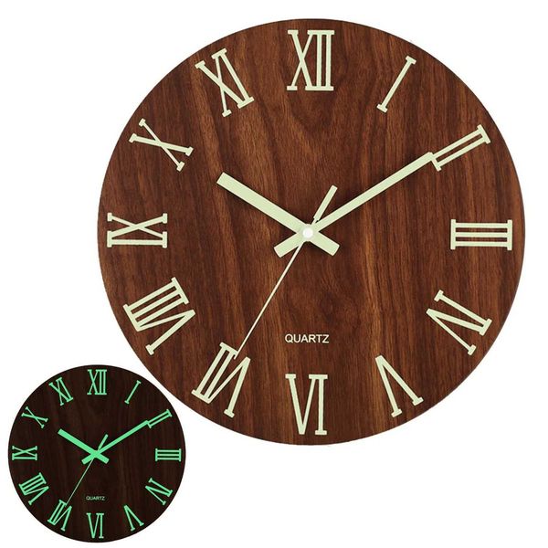 1 dark wall clock brown retro wood grain Roman numeral design wall clock silent clock home decoration W240806