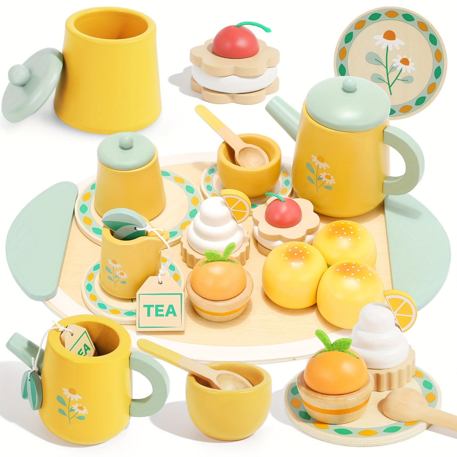 TEMU Wooden Tea Set For Toddlers Pretend Play Kitchen Accessories Little Girl Toys Tea Party Set For 3 4 5 6 Year Olds Enjoy With Wooden Toys Tea Set