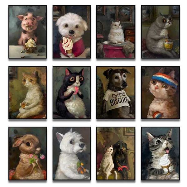 Nova chegada Os animais engraçados personificarem o hamster de coelho de cão de gato impressão e comer algo pintando arte de parede para a s