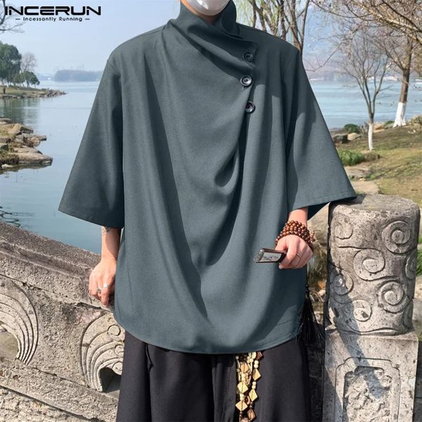 Men Shirt Solid Color Stand Collar 34 Sleeve Loose Men Clothing Streetwear 2024 Korean Fashion Casual Male Shirts S-5XL INCERUN 240824