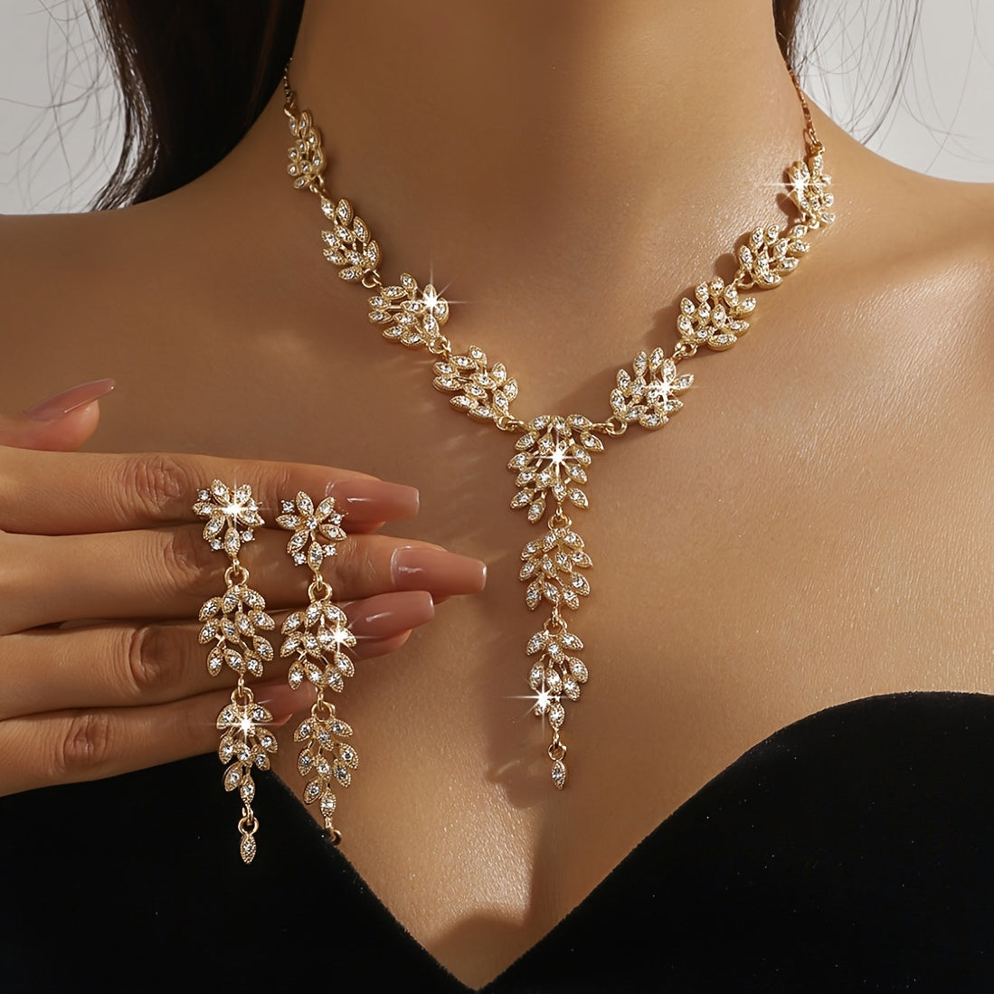 TEMU 2pcs Set Of Golden Jewelry, Cubic Zirconia Wheat Tassel Shaped Claw Chain Necklace, Fashionable Design, 2-piece Set Of Blinding, Gorgeous, Light