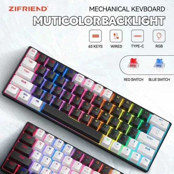 Keyboards ZIFRIEND ZA646 Mechanical Keyboard 63 Key Wired Gaming Keyboard Detachable USB Type-C Hot swappable Mini Mechanical Keyboard CL250