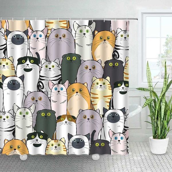 Cat Printed Shower Curtain Color Cartoon Lovely Animal Bear Polyester Fabric Hanging Curtains Bathroom Bathtub Decor with Hooks M240824