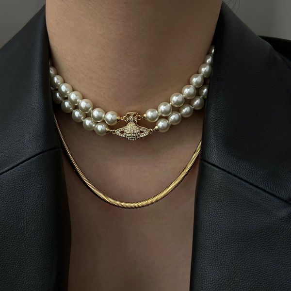 Designer Jewelry Braceletmagnet Clasp Saturn Pearl Necklace Double Layer Choker High Version Collarbone Chain High-end Accessory EE