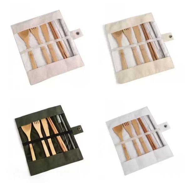Wooden Dinnerware Set Bamboo Teaspoon Fork Soup Knife Catering Cutlery Sets With Cloth Bag Kitchen Cooking Tools Utensil