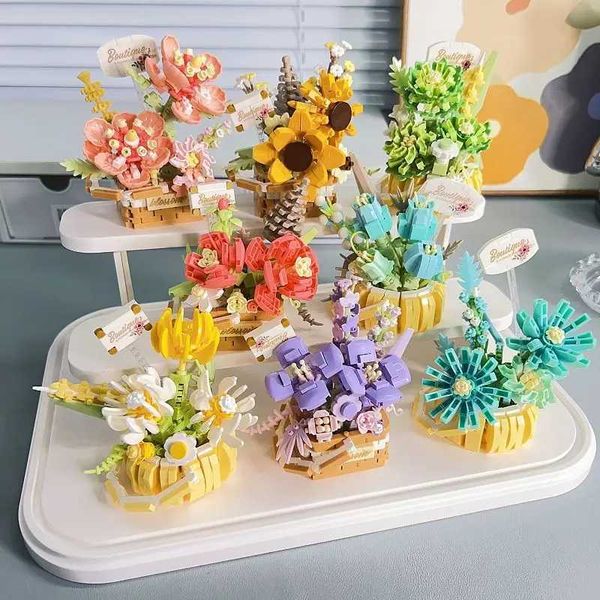 s Flower Bouquet Building Blocks Succulents Artificial Basket Kits Bonsai Gardens Bricks DIY Potted Plants Model Toys For Children S2411195