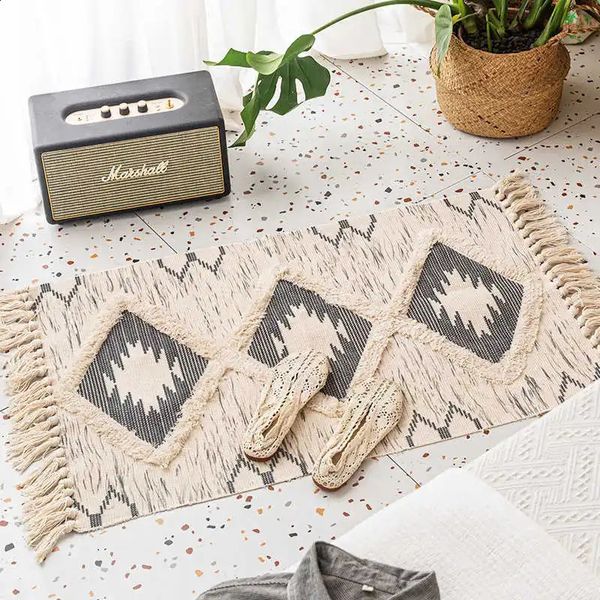 Nordic Cotton Linen Carpet Bohemian Ethnic Entrance Doormat Geometric Tufted Tassels Floor Mat 241210