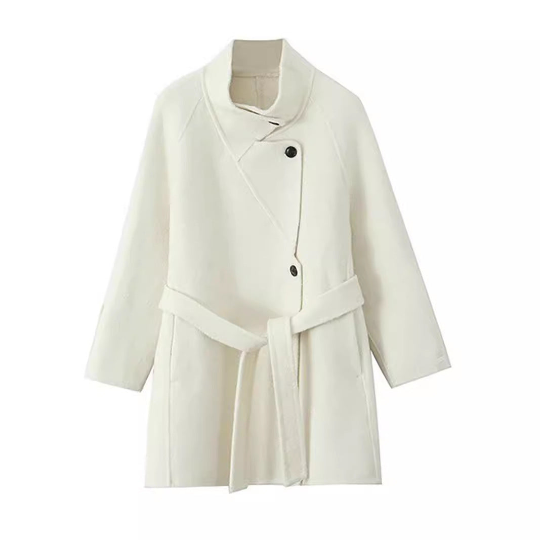 D10018Autumn and winter high-end fashion loose Korean style medium-length lace-up double-faced wool coat stand collar wool coat