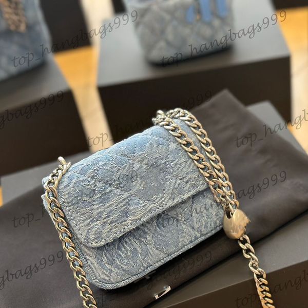 Womens Designer Crush Heart Bead Blue Denim Camellia Vanity Lipstick Card Holder Bags Silver Adjustable Chain Crossbody Classic Mini Flap Qu