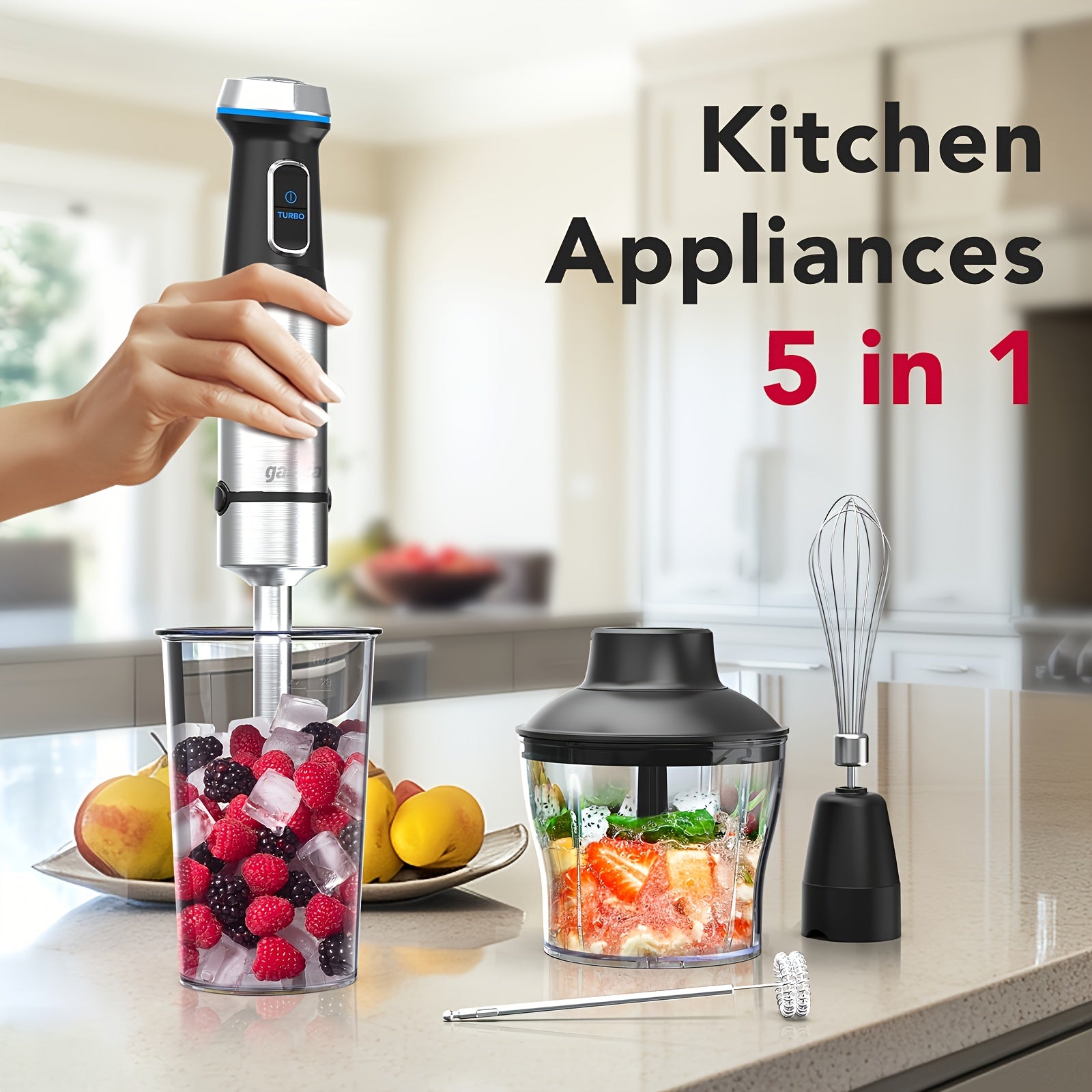 TEMU Blender 5 In 1 Hand Blender Max 800w Heavy Duty Motor, 16 Speed Mode Handheld Blender Stainless Steel Blade With 800ml Mixing Beaker, 600ml