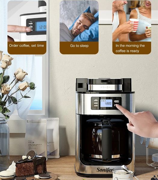Multifunction Drip Coffee Machine Automatic Coffee Maker Digital Display Grinder Freshly Ground European Style Espresso Tea Milk Office Room
