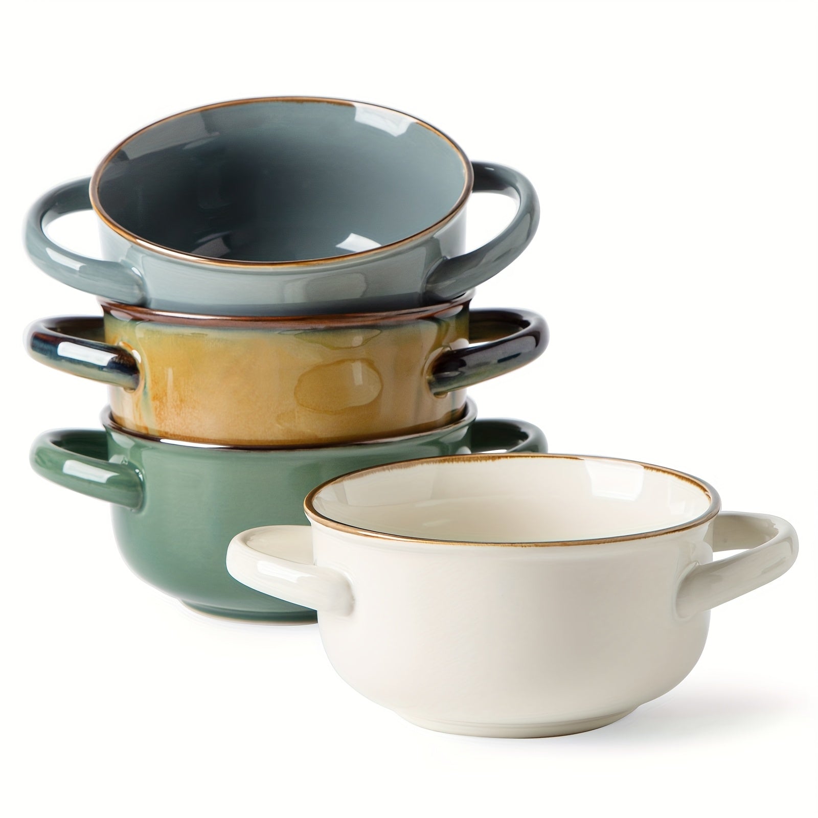 TEMU 4pcs Color Dopamine Color Matching Ceramic Binaural Bowl, 28oz Super Large Capacity Ceramic Bowl With Handle For Soup, Salad Dessert, Pasta,