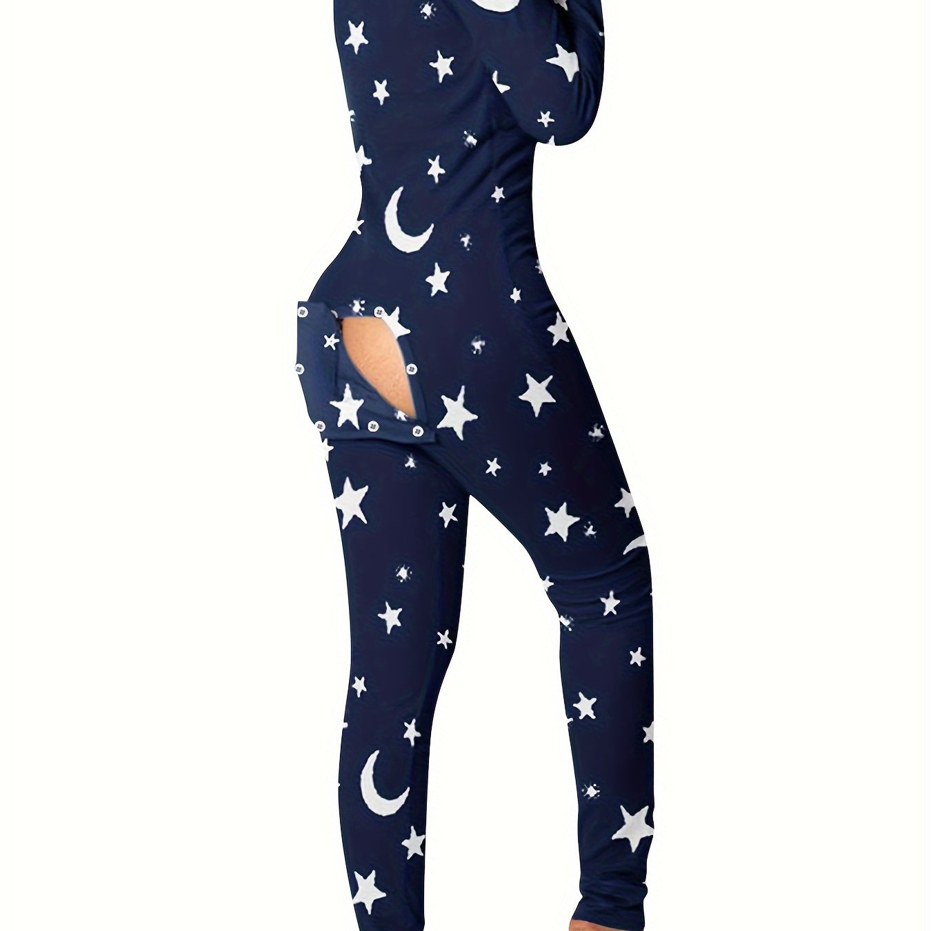 TEMU Women Functional Flap Jumpsuit Sleepwear Solid Color Printed Long Sleeve Pajamas