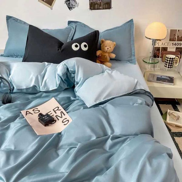Solid Blue Duvet Cover Set Ins Korean Style Single Double Size Flat Sheet cases Eyes Printed Nordic Soft Bedding Set Y250122