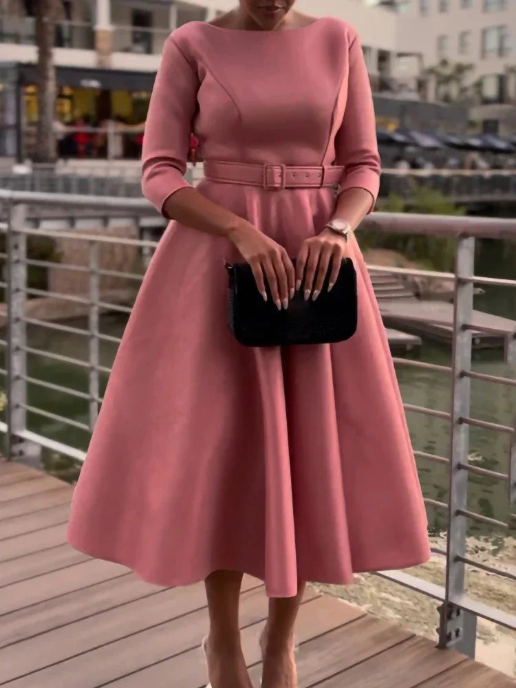 Elegant Women Party Dresses A Line with Waist Belt Three Quarter Sleeves Classy Office Ladies Wedding Guest Gowns Female