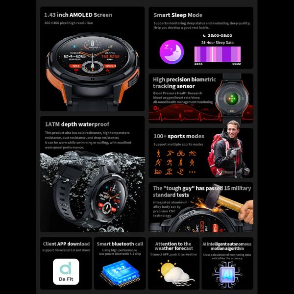 SKMEI 410mAh AMOLED Smartwatch 1.43 inch 1ATM Waterproof Heart Rate Monitor Pedometer Bluetooth Call Smart Watch for android ios