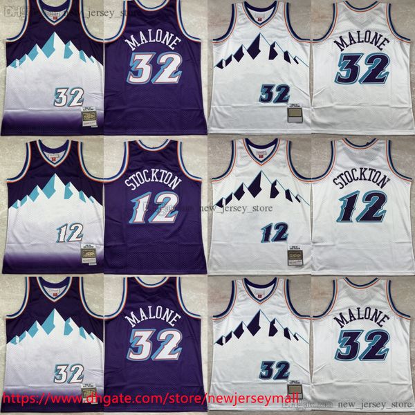 Printed Classic Retro 1996-97 Basketball 12 John Stockton Jersey Vintage White Purple 32 Karl Malone Jerseys Breathable Sports Shirts