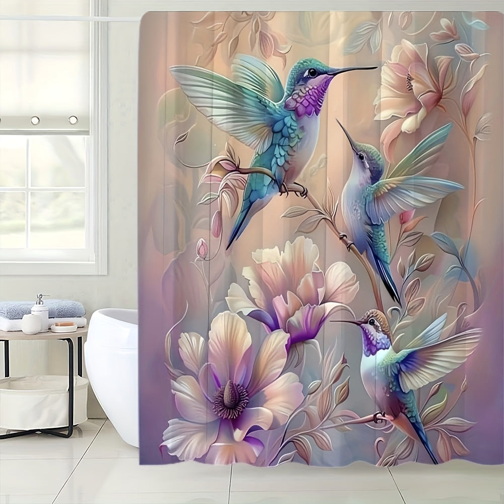 TEMU 1-4pcs Hummingbirds And Flowers Pattern Shower Curtain, Shower Curtain Set Polyester Shower Curtain With 12 Hooks, Anti Slip Carpet, Toilet