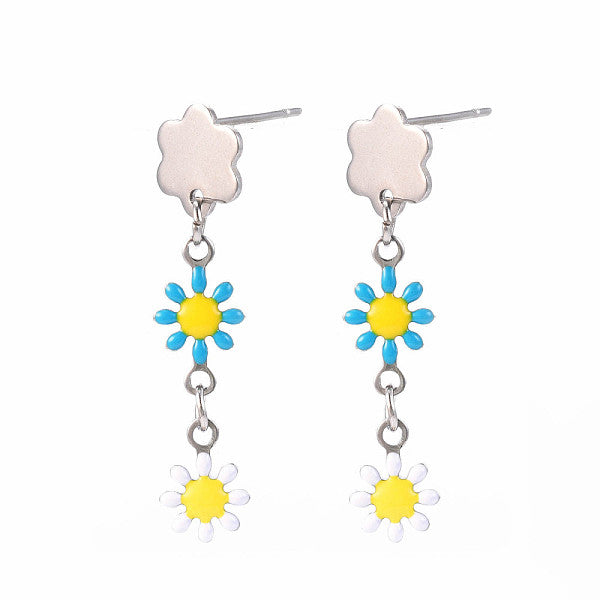 Longues boucles d'oreilles pendantes en émail avec fleur