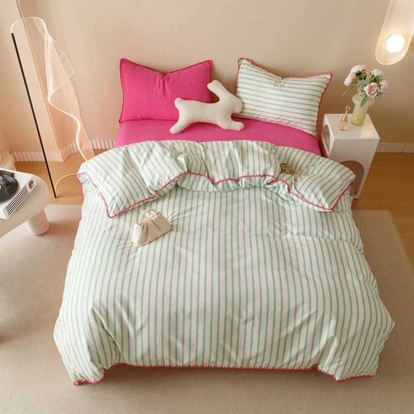 INS Girls Green Striped Bedding Set Solid Color Soft Washed Cotton Bed Sheet Queen King Size Duvet Cover Set With caseC250122