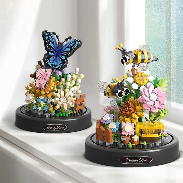 Bee butterfly flower bonsai building block insect plant pottery model brick with dust cover childrens DIY toys Christmas gift CL240827