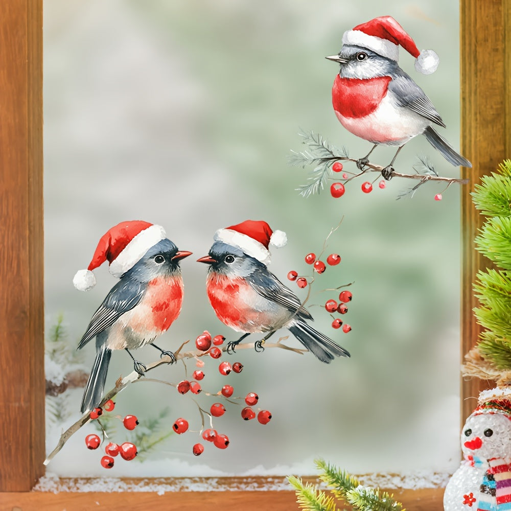 TEMU Art Deco Christmas Birds Window Decals, Branches Glass Clings, Self-adhesive Plastic Decorative Stickers, Festive Home Decoration, Single Use