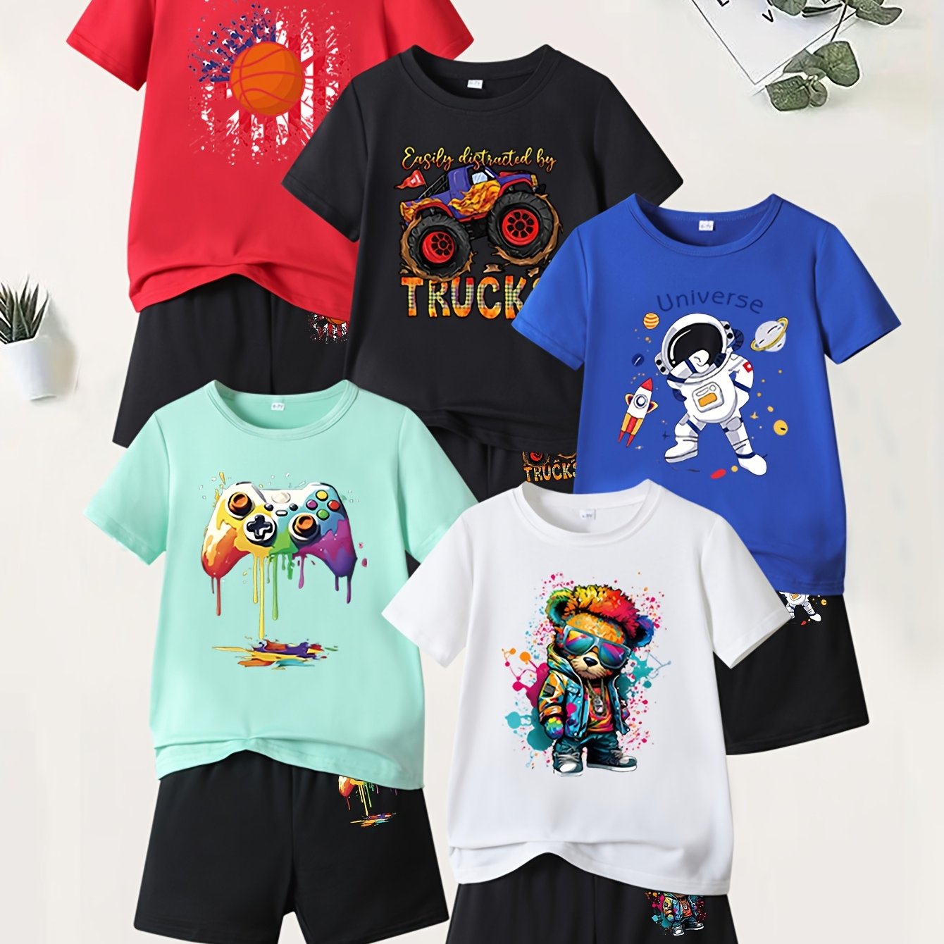 TEMU 10pcs Boys' Summer Short Sleeve T-shirt And Shorts Set With 'basketball, Cartoon Truck, Astronaut, Splatter Game Controller, Splatter ' Prints,