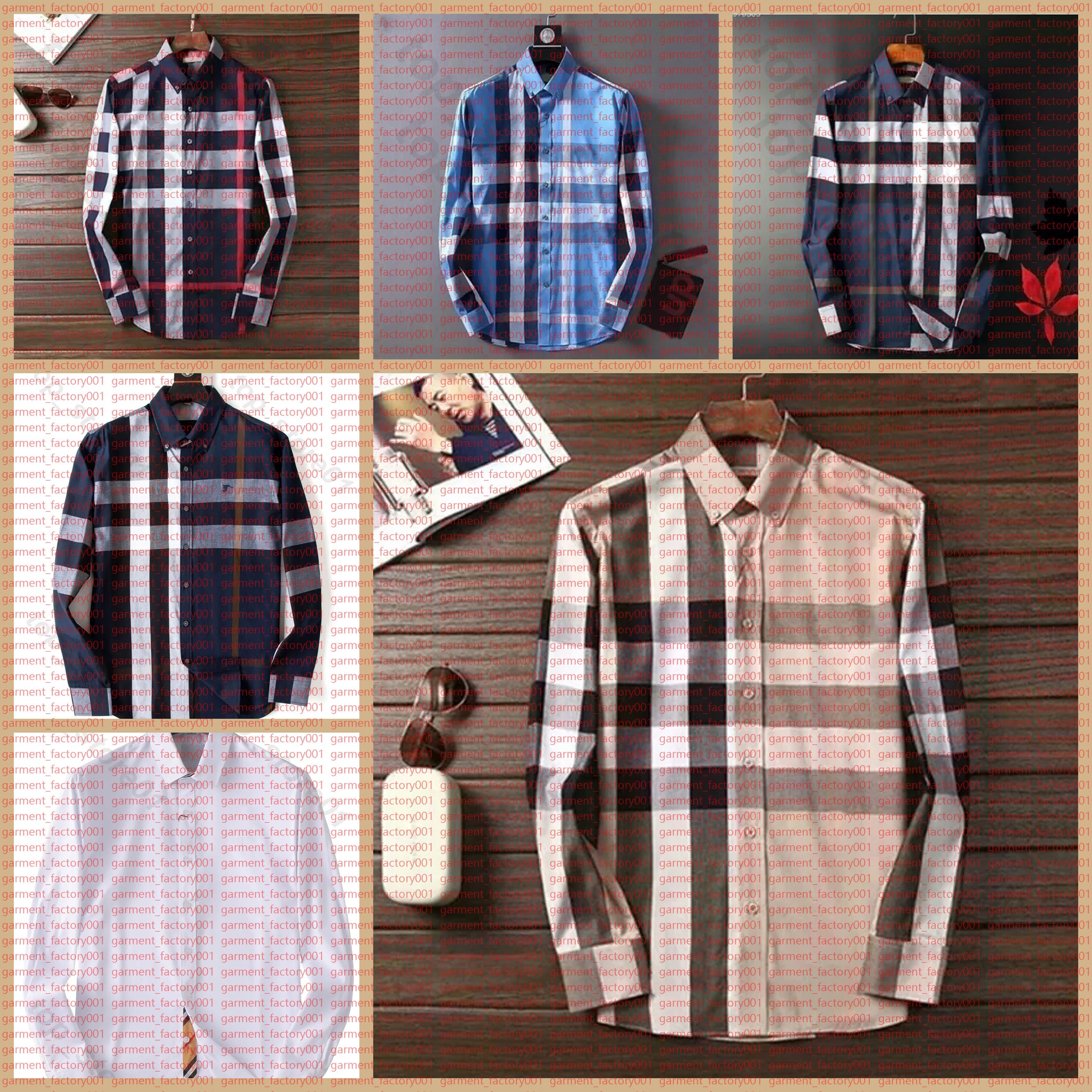 5A Men&#039;s Dress Shirt Slim Fitted Spread Collar Plaid Stripe Long Sleeve shirts Pure Cotton Designer Brand Spring Summer Business Office Casual