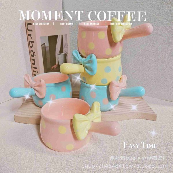 INS Girl Bowl Cute Princess Wind Bow Knot Wave Dot Handle Noodle Bowl High Beauty Salad Fruit Bowl Student Dormitory Rice BowlB270723