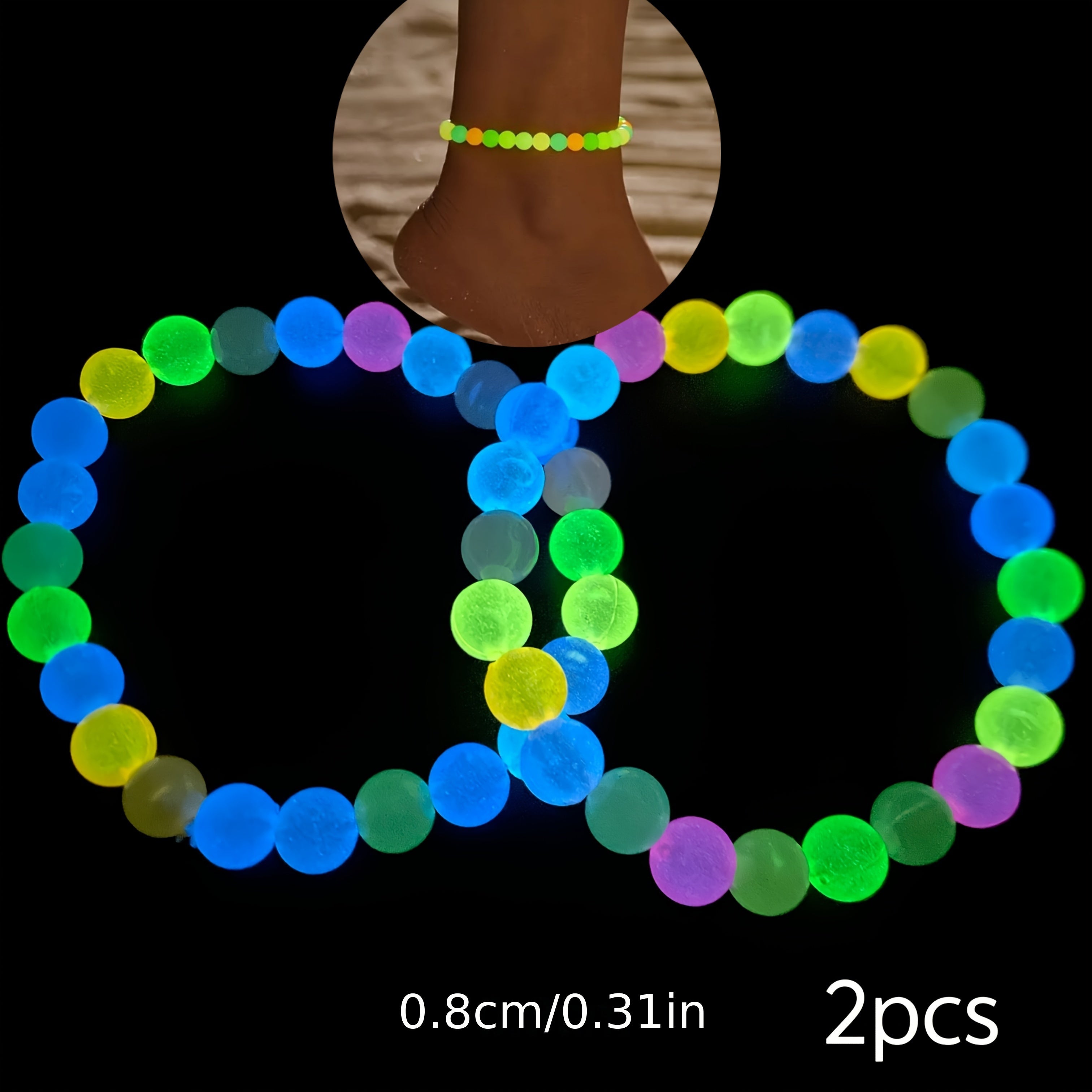 TEMU 2pcs Women's -the-dark Acrylic Bead Ankle Bracelets - Bohemian Style Multicolor Gradient Non-toxic Jewelry For Casual Attire, Valentine's Day