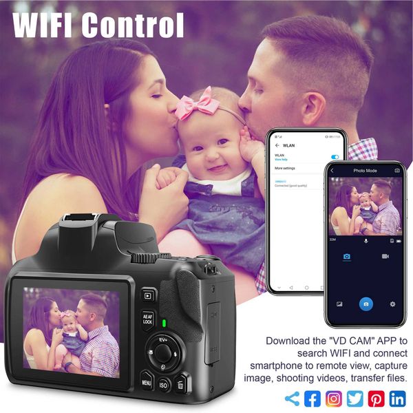 Digital Cameras 4K 64MP WiFi digital camera used for photography and video cameras with flash HDMI output live streaming Vlog 10X optical zo