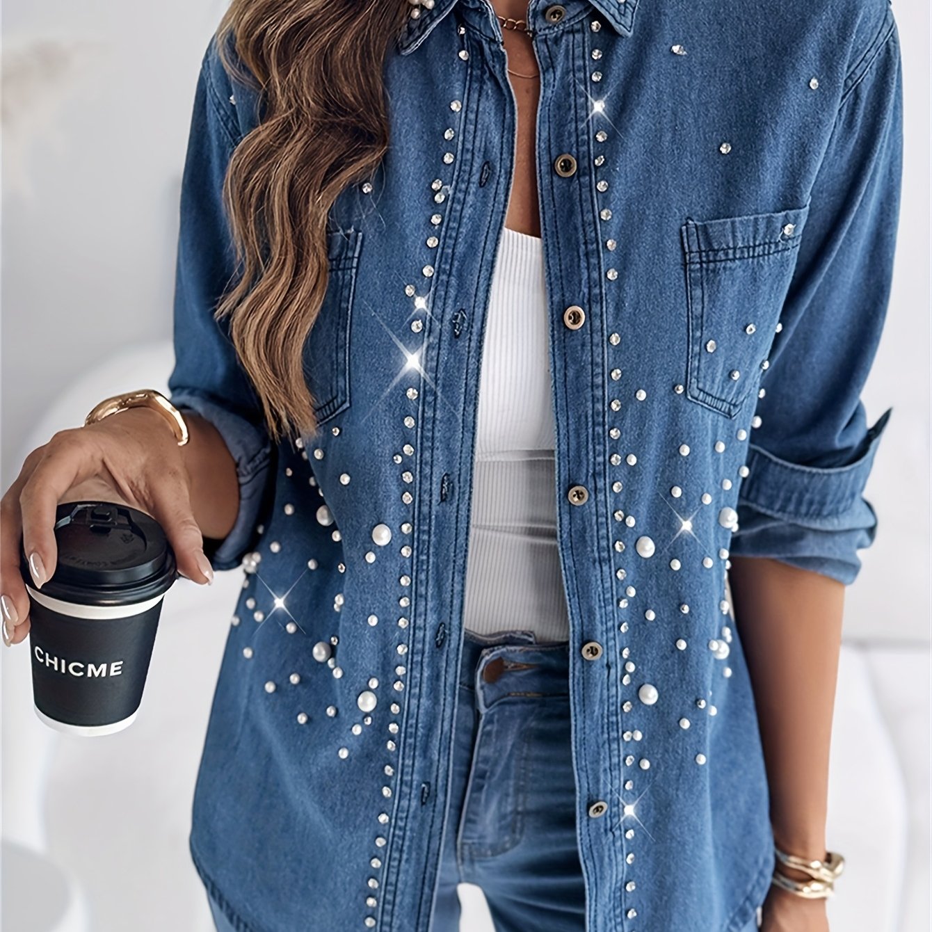 TEMU Women's Casual Denim Shirt With Pearl & Embellishments - Long Sleeve Button-up Jacket, Light Blue, Spring-fall Fashion, Casual Outerwear |