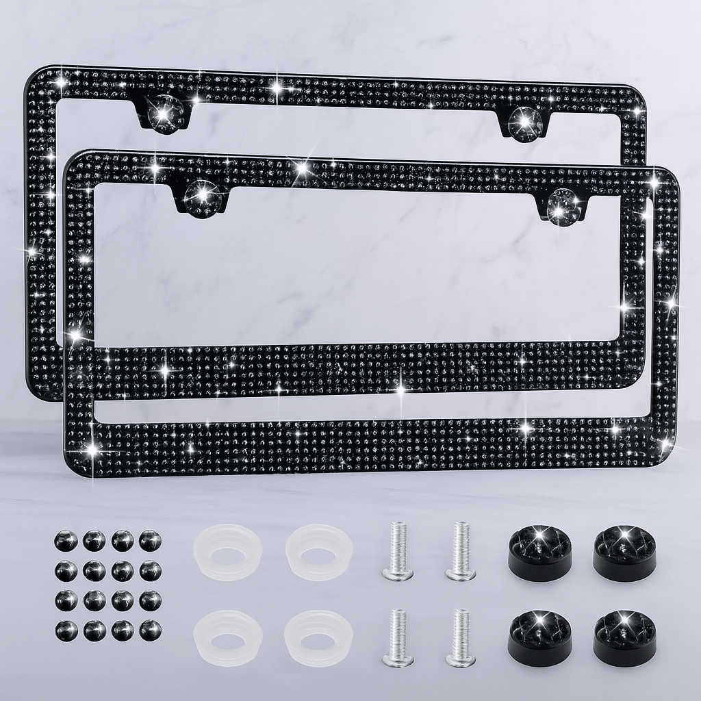 TEMU 2-pack Bling License Plate Frames For Women – Black Stainless Steel Frames With Sparkling Crystal Caps, Car Accessories For Us Plates