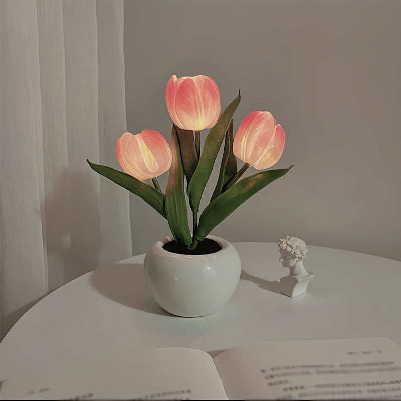 TEMU Led Tulip Night Lamp - Usb-powered Artificial Tulip Vase Decor With Realistic , Durable Plastic Floral Table Lamp For Bedroom, Living Room,