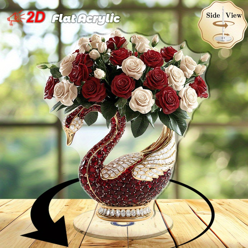 TEMU [2d Flat] Revolving Acrylic Tabletop Sculpture Of A Luxurious Swan-shaped Vase With Roses For Decor Or Special Occasions