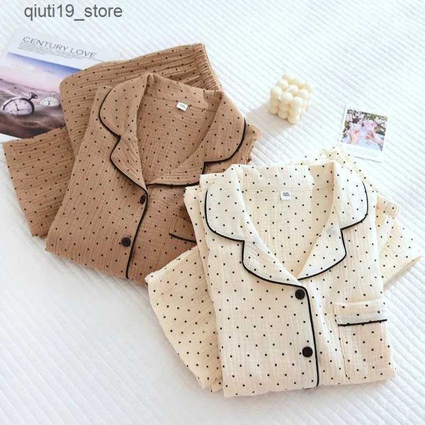 home clothing 100% Cotton Gauze Summer Women Pajamas Polka Dot Print Sleepwear 2024Spring Female 2 Piece Set Nightwear Lady Pyjamas Loungewe