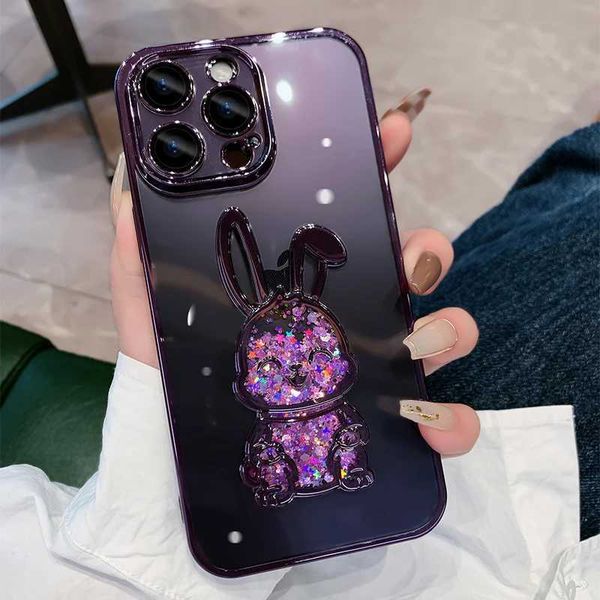 Cute Rabbit Quicksand Glitter Case for iPhone 14 Pro Max 13 12 11 15 X Xr Xs 8 7 Plus Bear Transparent Camera Protector CoverM240816