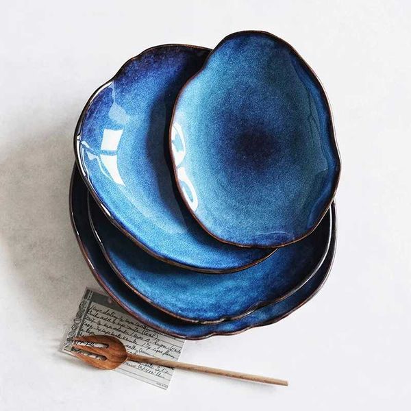 Ceramic Salad Plate Regular Food Dish Kitchen Supplies European Blue Glaze Pottery Dinner Plates Household Tableware X250129